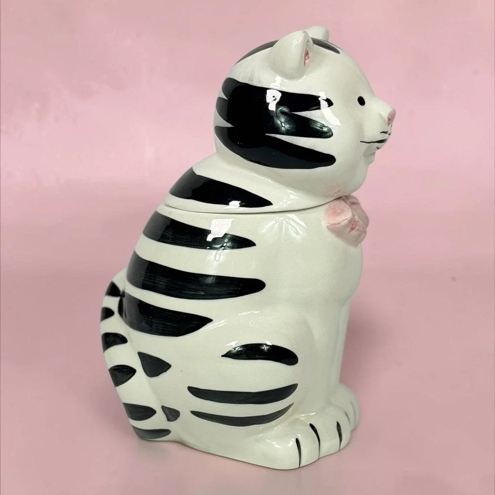 Vintage R. H. Macy & Co Black White Striped Cat Cookie Jar Pink Bow Ceramic